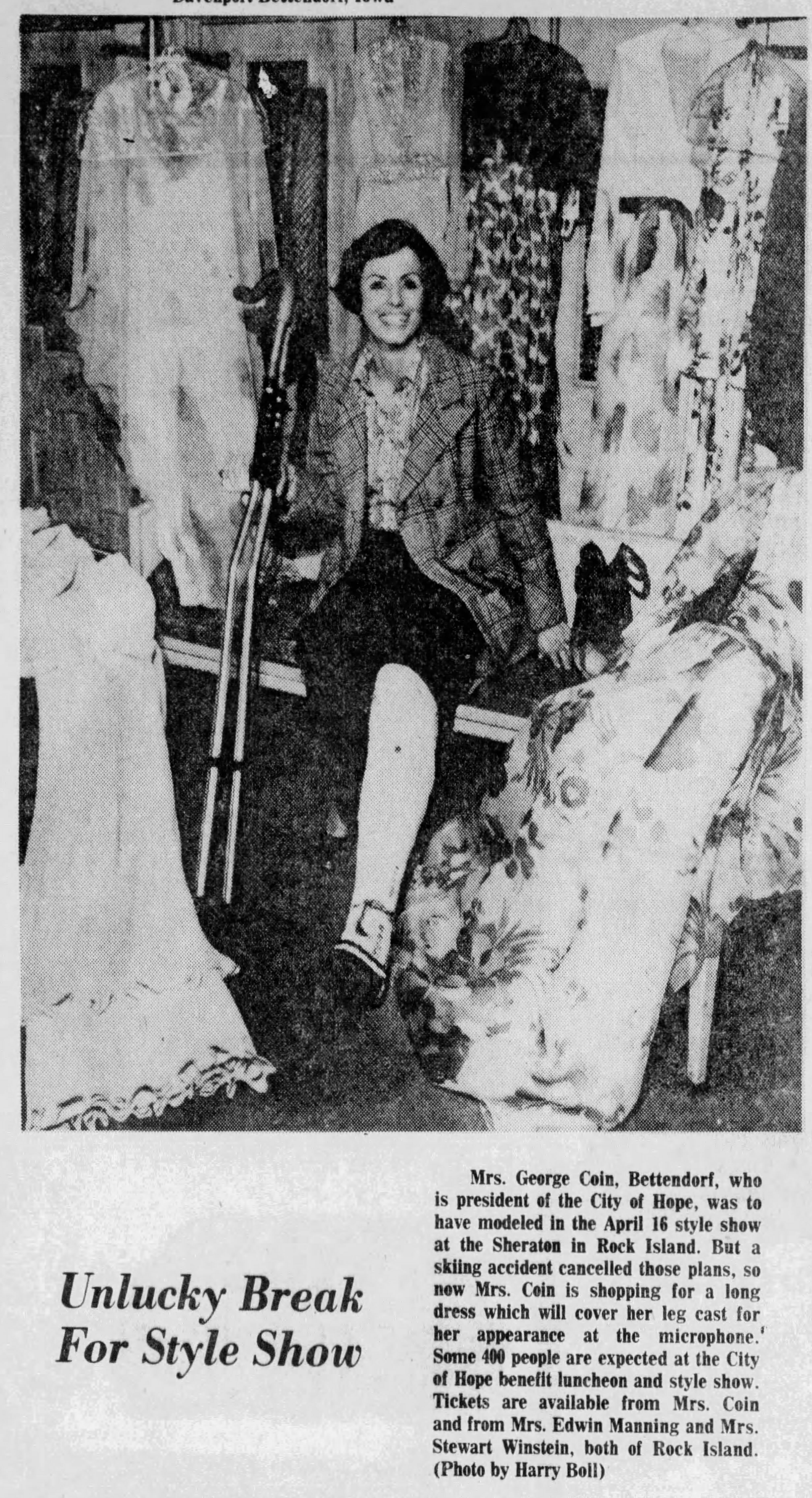 Another mid-western socialite in a full leg cast from skiing holding a pair of Unistrut crutches.